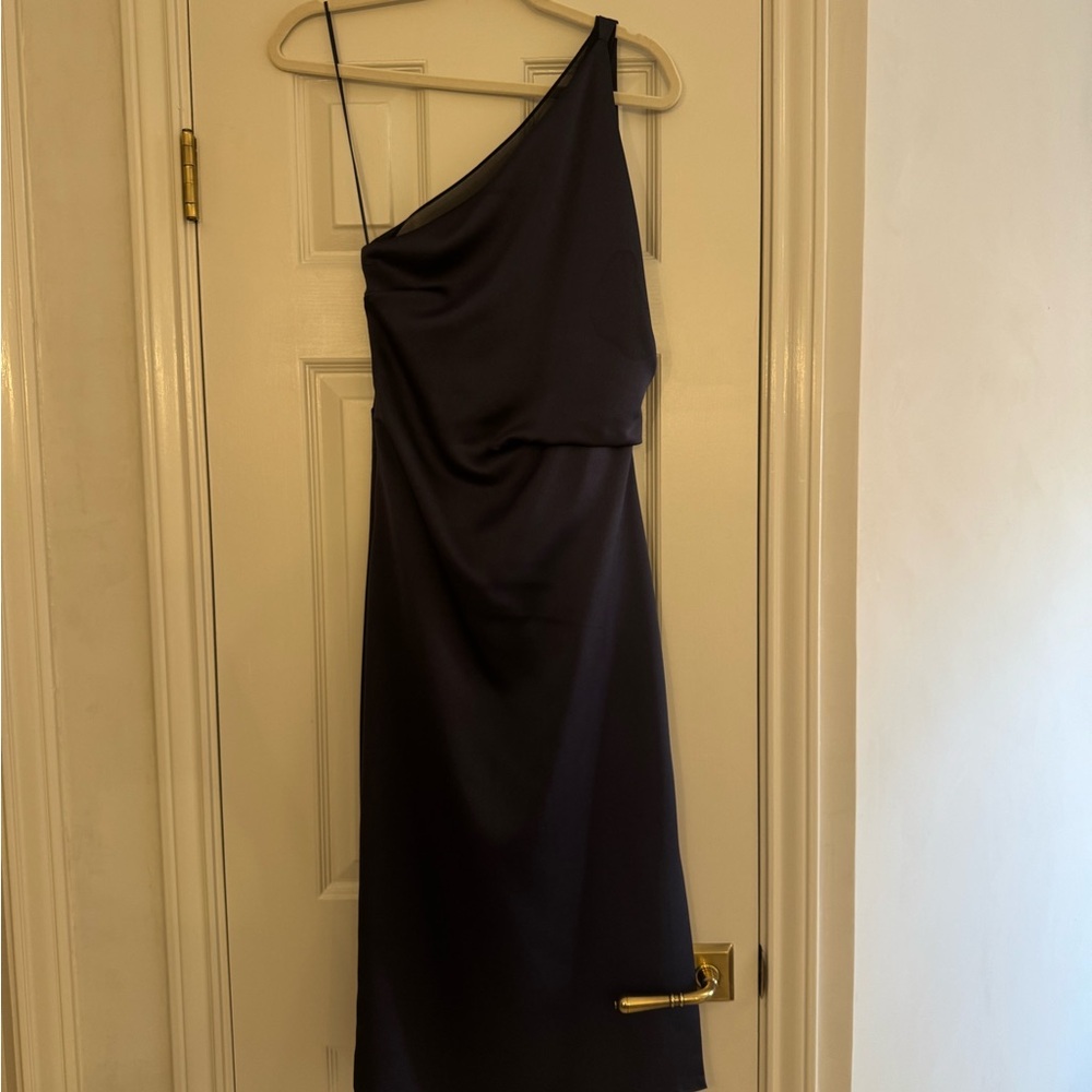 Reiss Eden Satin One Shoulder Dress, Navy - Picture 6 of 9